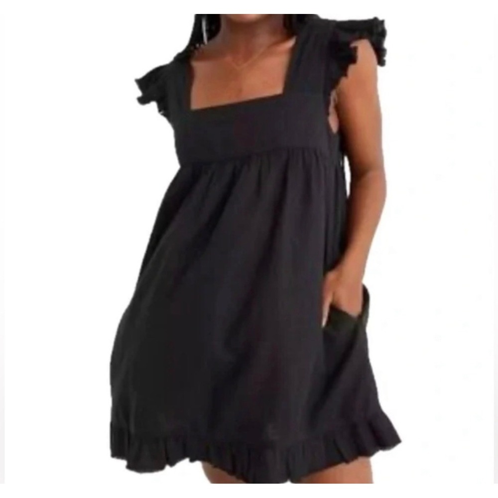 Aerie Black Frayed Flutter Sleeve Square Neck Babydoll Mini Dress Large L‎